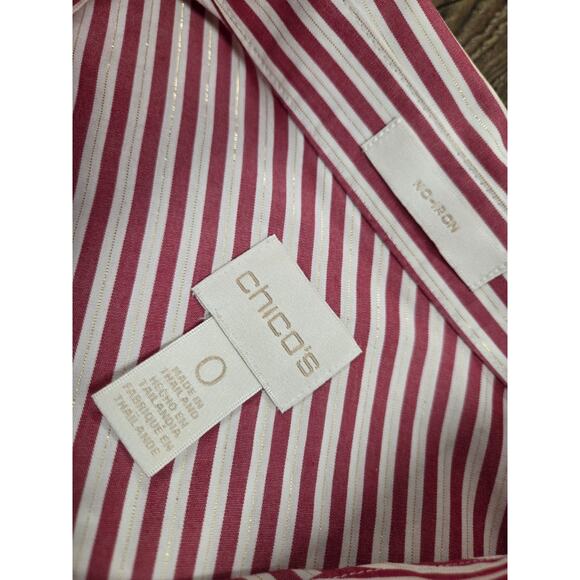 Chico's Long Sleeve Red Whit GoldMetallic Shimmer Striped No-Iron Shirt Size 0 S - Picture 4 of 6